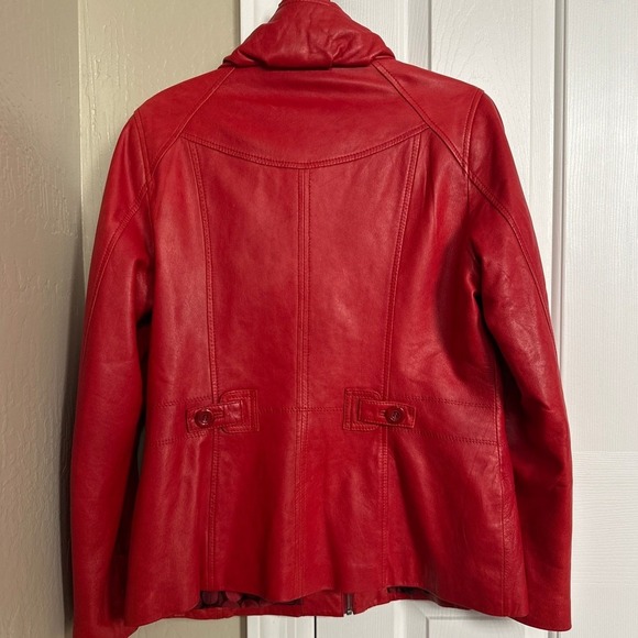 DANIER Red Italian Leather Jacket Women M/M‎ Funnel Neck Button Front Pockets - Picture 4 of 9